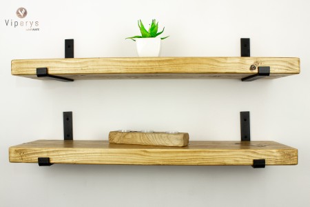 Rustic solid pine shelf 4.5 cm thick with black steel brackets 2