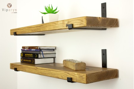Rustic solid pine shelf 4.5 cm thick with black steel brackets