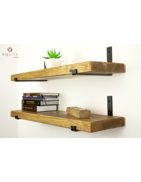 Rustic solid pine shelf 4.5 cm thick with black steel brackets Rustic solid pine shelf 4.5 cm thick with black steel brackets