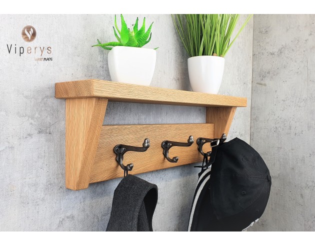 Porte-manteau mural en chêne avec tablette et côtés
