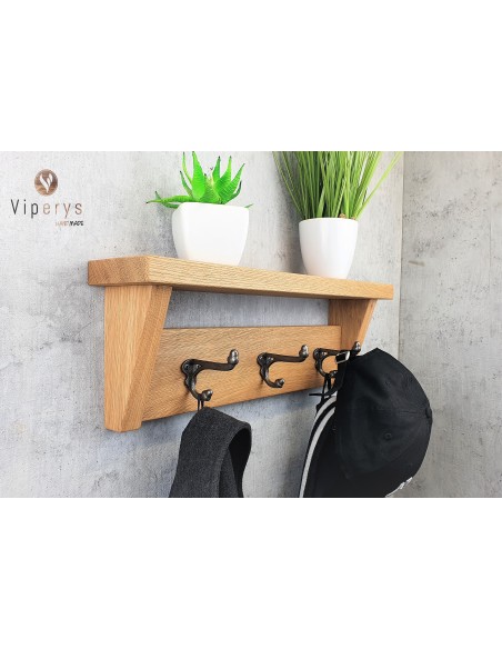 Porte-manteau mural en chêne avec tablette et côtés