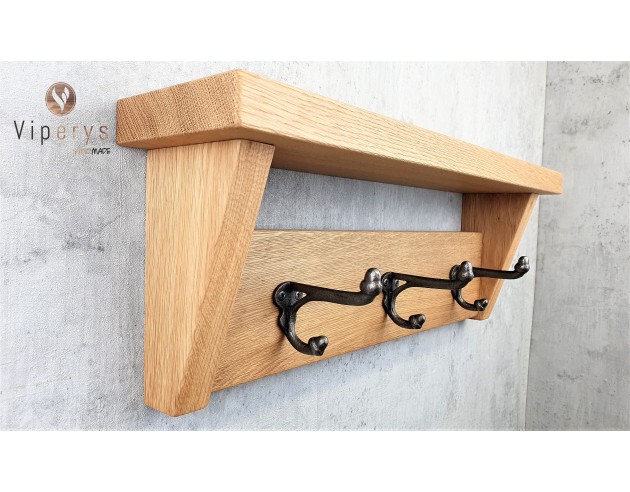 Porte-manteau mural en chêne avec tablette et côtés