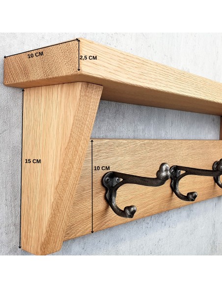 Porte-manteau mural en chêne avec tablette et côtés