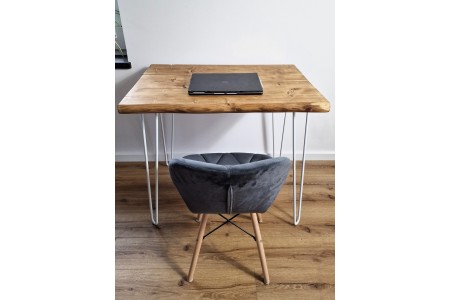 Bureau à bord naturel en épicéa – pieds hairpin blancs 2