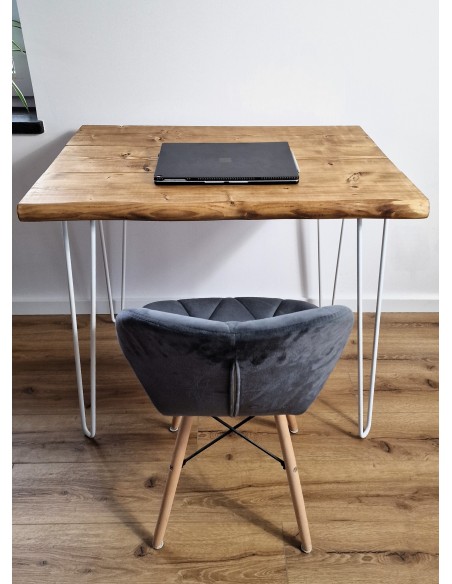 Bureau à bord naturel en épicéa – pieds hairpin blancs