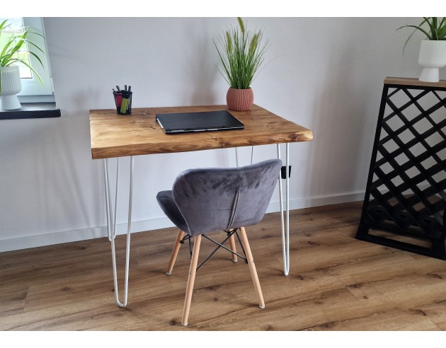 Bureau à bord naturel en épicéa – pieds hairpin blancs