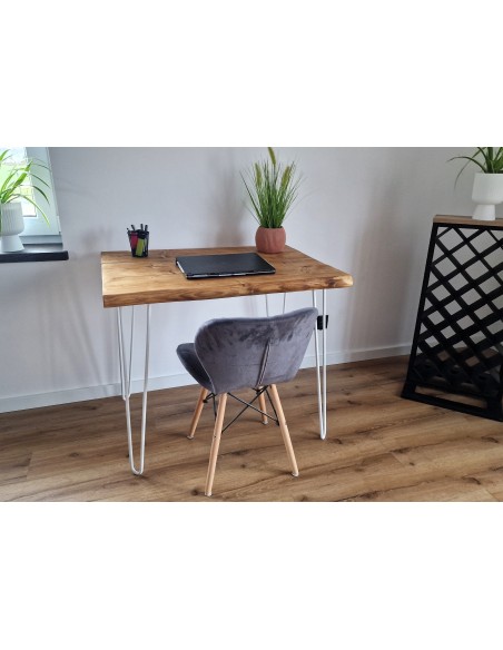 Bureau à bord naturel en épicéa – pieds hairpin blancs