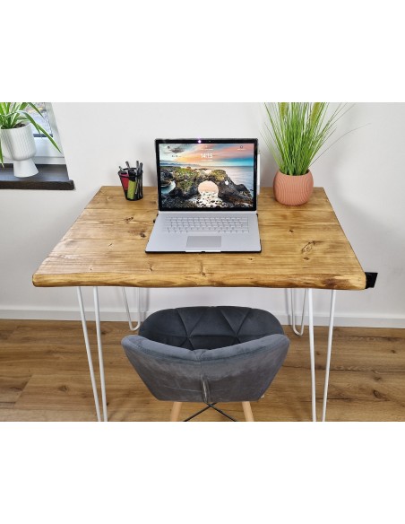 Bureau à bord naturel en épicéa – pieds hairpin blancs