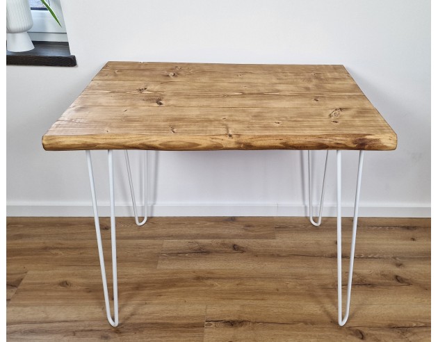 Bureau à bord naturel en épicéa – pieds hairpin blancs