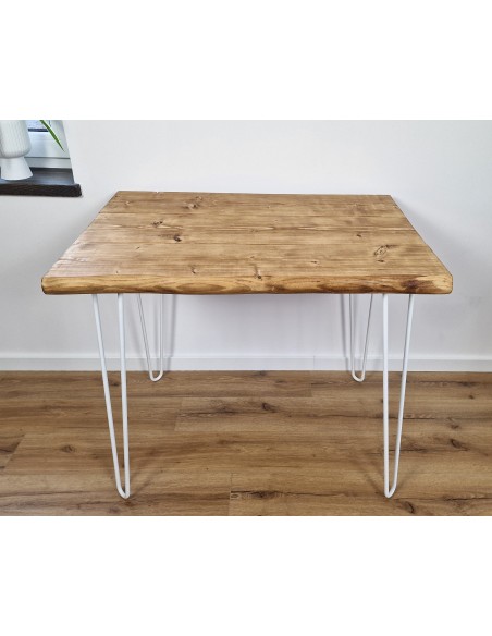 Bureau à bord naturel en épicéa – pieds hairpin blancs