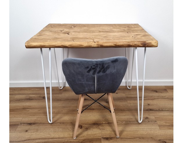 Bureau à bord naturel en épicéa – pieds hairpin blancs