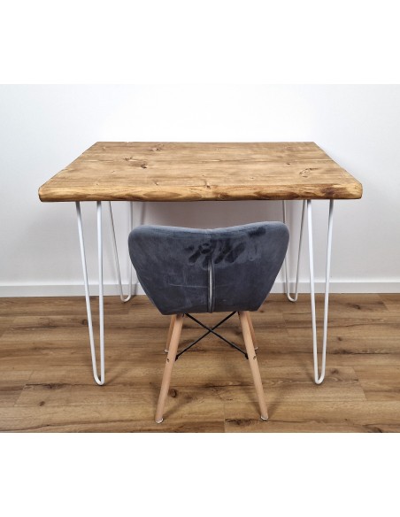 Bureau à bord naturel en épicéa – pieds hairpin blancs