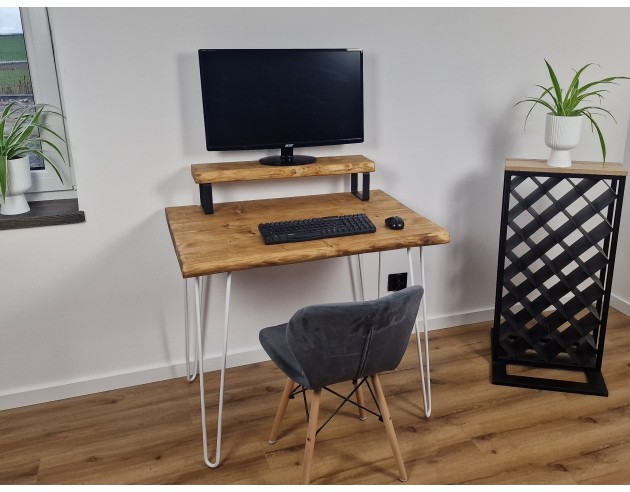 Bureau à bord naturel en épicéa – pieds hairpin blancs