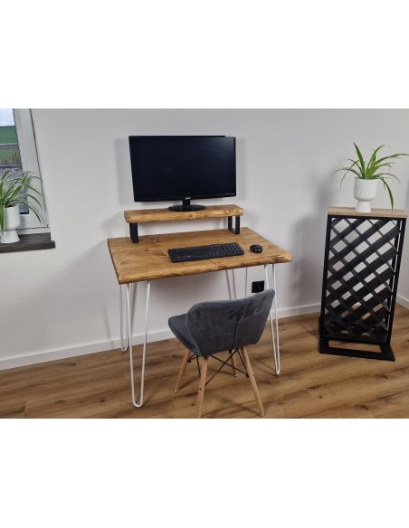 Bureau à bord naturel en épicéa – pieds hairpin blancs