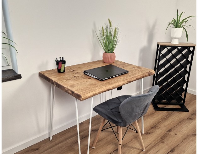 Bureau à bord naturel en épicéa – pieds hairpin blancs