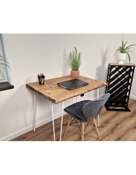 Bureau à bord naturel en épicéa – pieds hairpin blancs