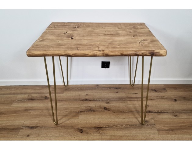 Bureau à bord naturel en épicéa – pieds hairpin dorés