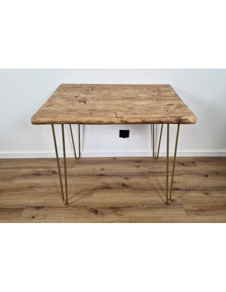 Bureau à bord naturel en épicéa – pieds hairpin dorés