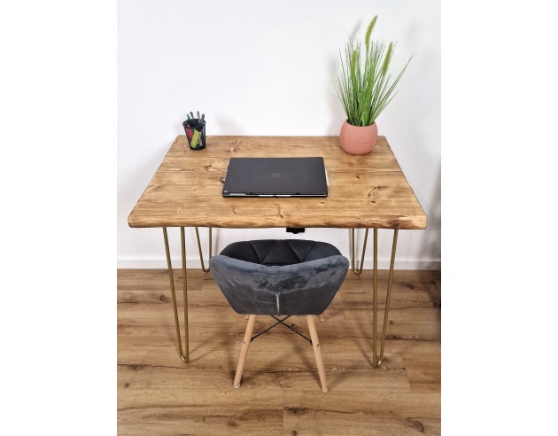 Bureau à bord naturel en épicéa – pieds hairpin dorés