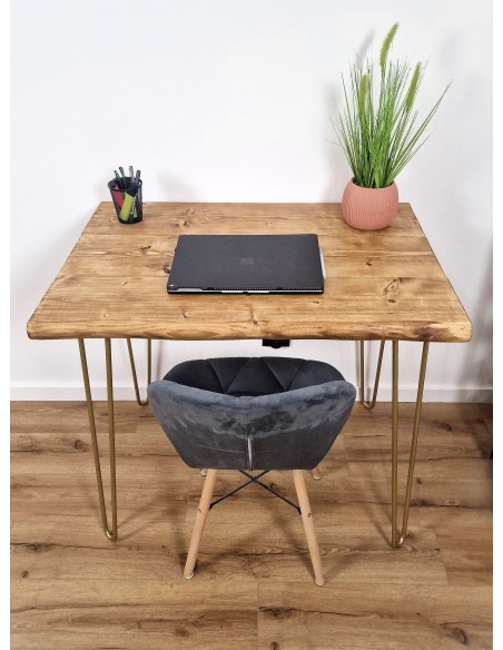 Bureau à bord naturel en épicéa – pieds hairpin dorés