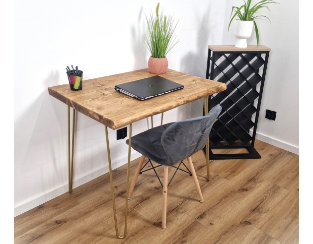 Bureau à bord naturel en épicéa – pieds hairpin dorés