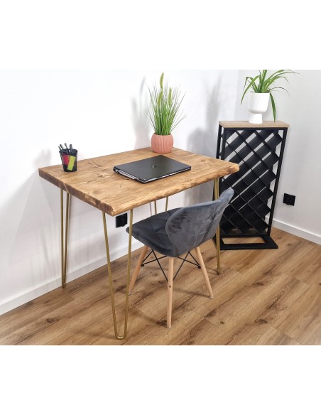 Bureau à bord naturel en épicéa – pieds hairpin dorés