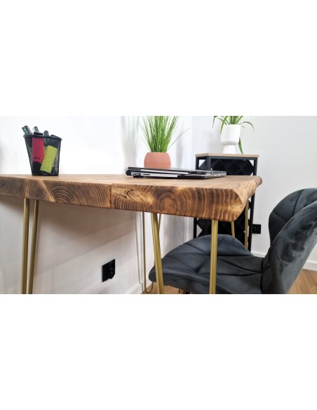 Bureau à bord naturel en épicéa – pieds hairpin dorés