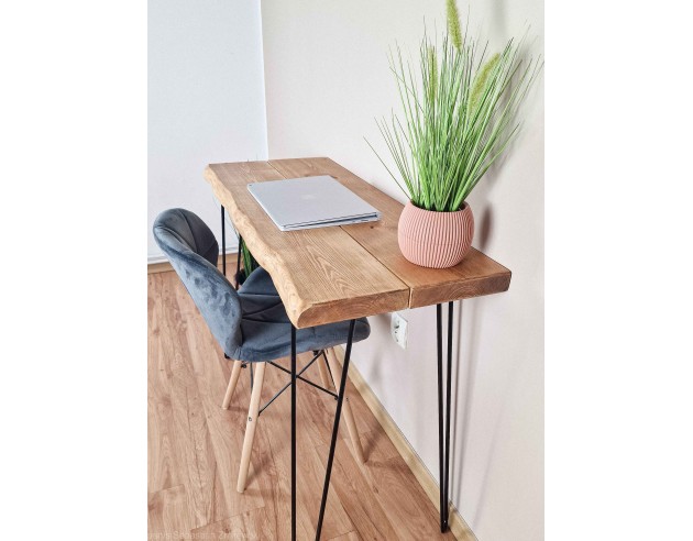 Bureau à bord naturel en épicéa, pieds hairpin