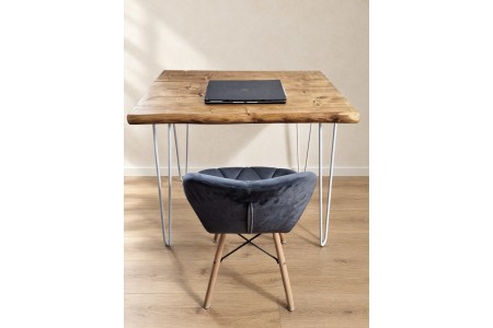 Bureau à bord naturel en épicéa – pieds hairpin blancs