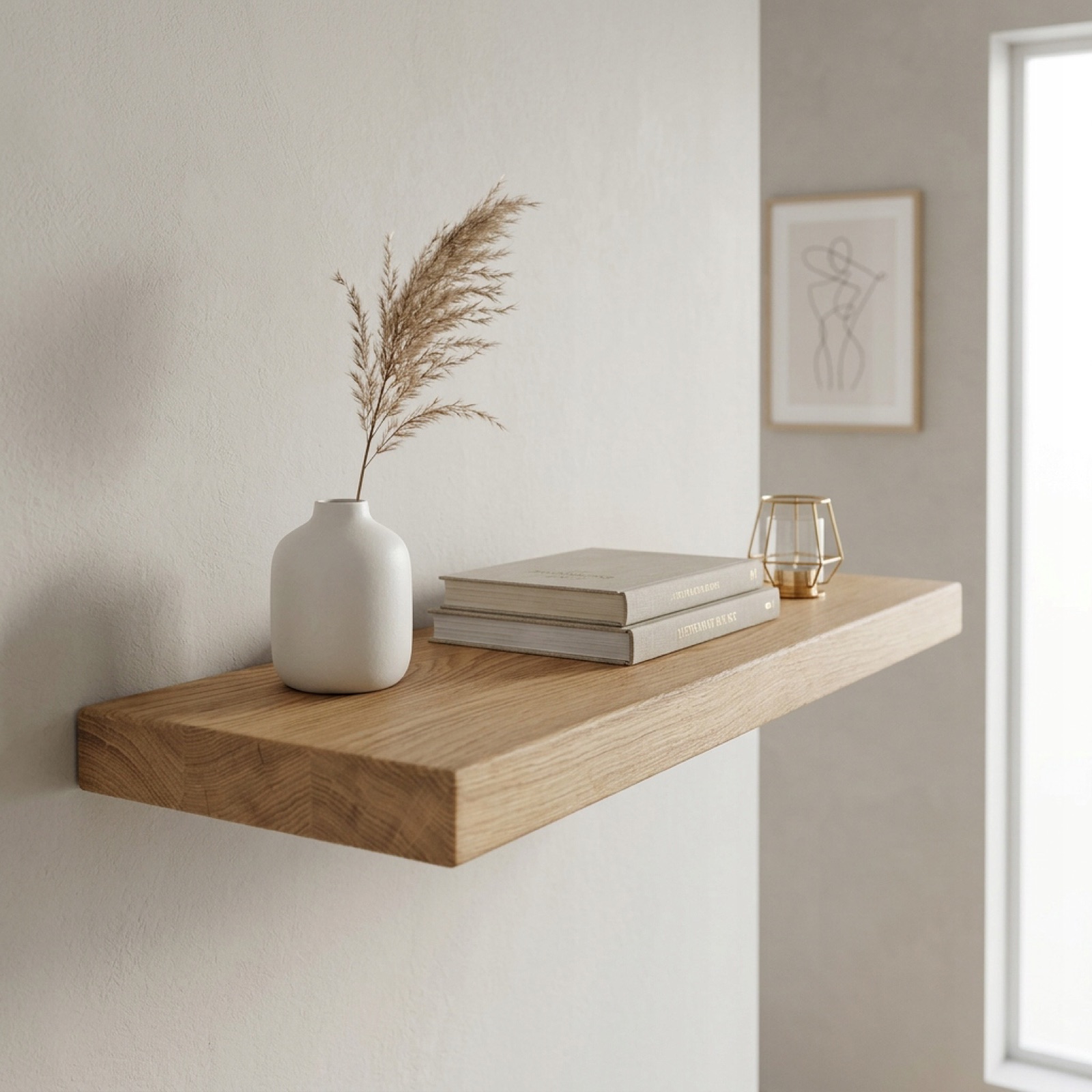 Oak floating shelf with books and a vase